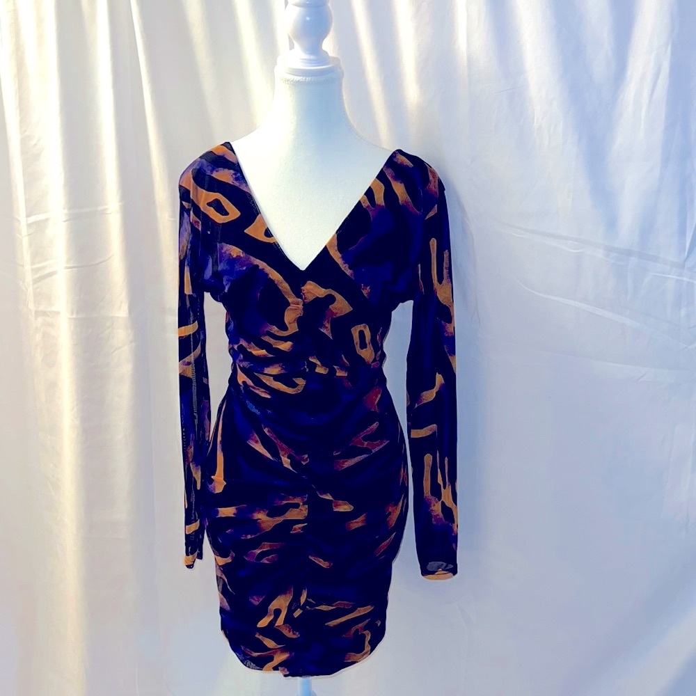 ASOS Women’s Print Mesh V Neck Ruched Mini Party Dress Petite Size 8